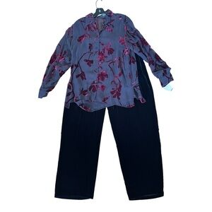 New Silk Club Burnout Red Velvet Button Down Blouse Black Pant Set Women M